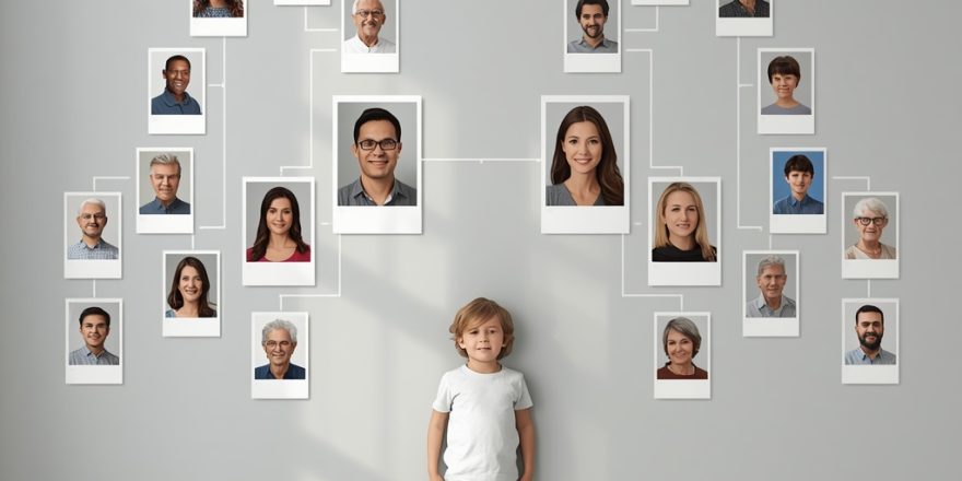 family_tree_infographic_on_a_clean_light_gray_wall_featuring